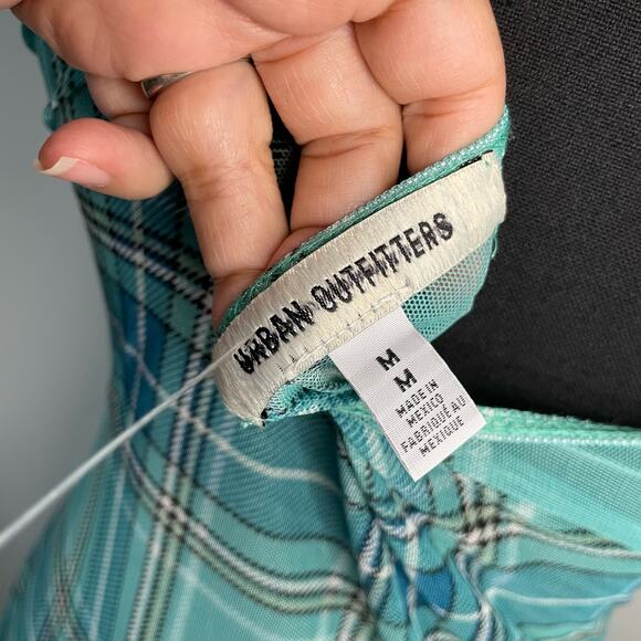 Urban Outfitters Mini Dress Womens Size M Green Plaid Sheer Strapless - Picture 3 of 6